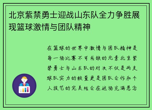 北京紫禁勇士迎战山东队全力争胜展现篮球激情与团队精神
