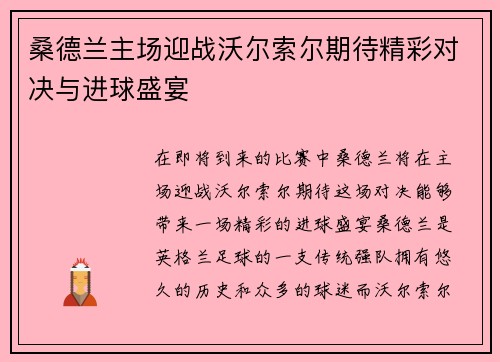 桑德兰主场迎战沃尔索尔期待精彩对决与进球盛宴