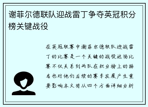 谢菲尔德联队迎战雷丁争夺英冠积分榜关键战役