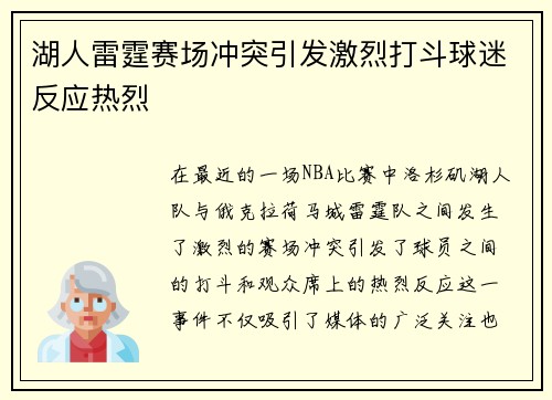 湖人雷霆赛场冲突引发激烈打斗球迷反应热烈